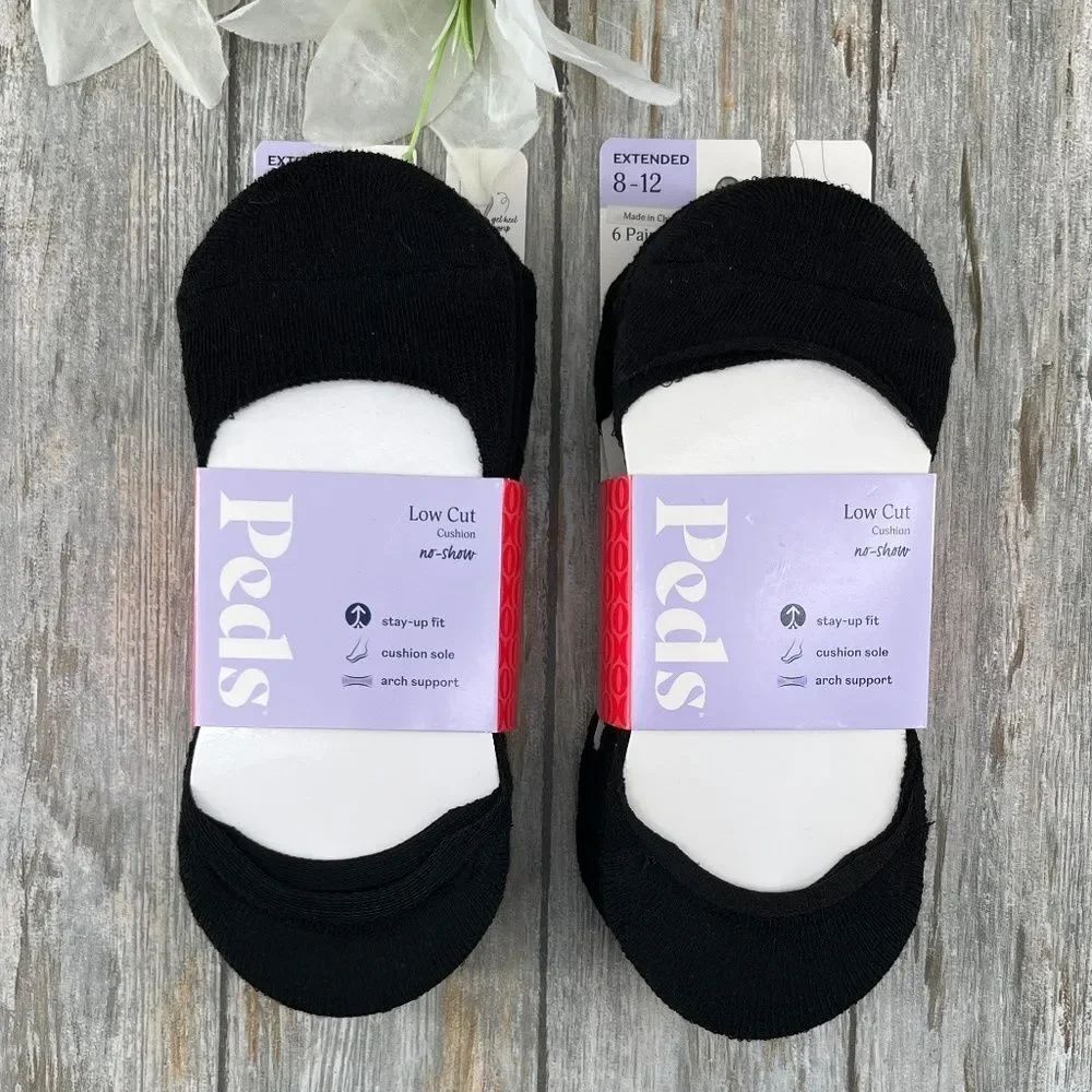 PEDS Low Cut Cushion Liner Socks Black 2, 6-Packs Size 8-12